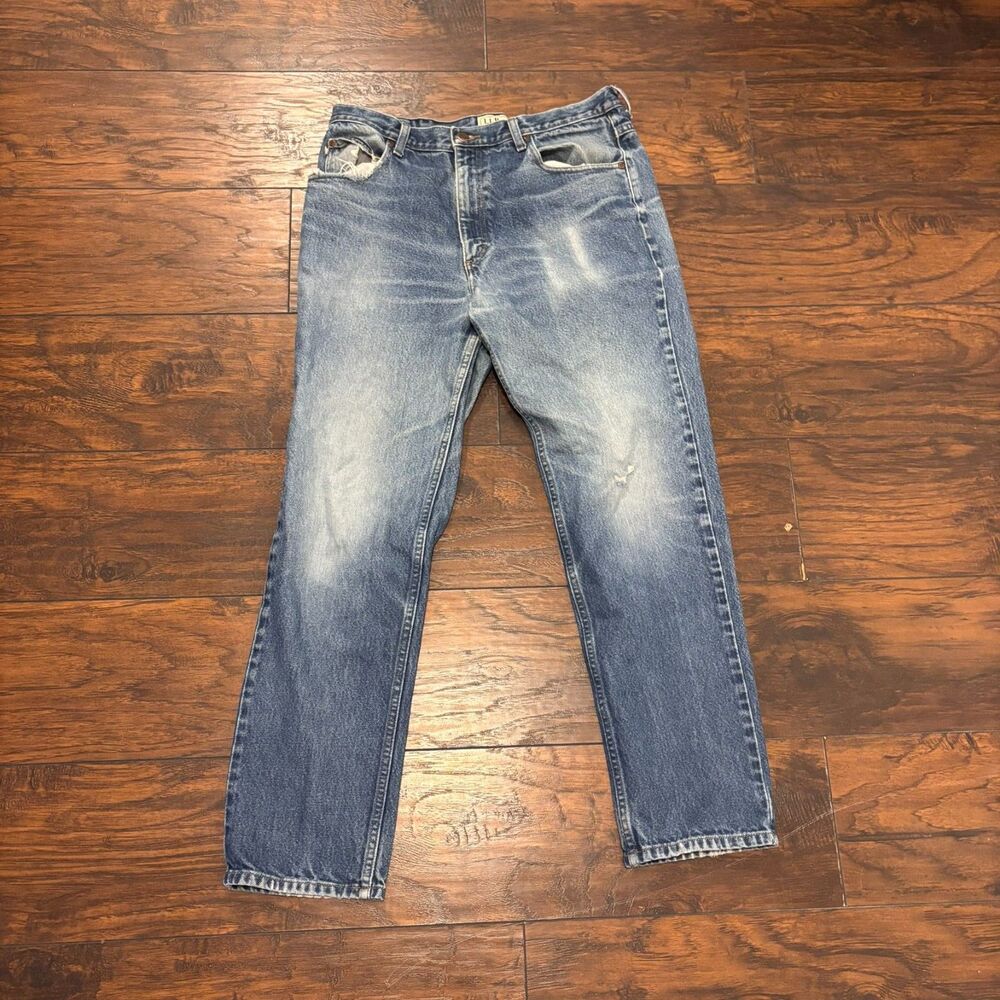 LL Bean Classic Fit 35x32 Medium Wash Distressed Worn Straight Leg Blue Jeans